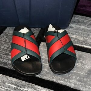 Red and Green Crisscross Slide Sandals